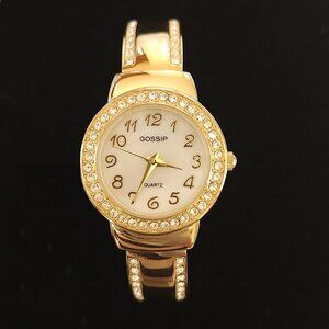 Gossip Gold Rhinestone Bezel Mother Of Pearl Face Bangle Watch New Battery